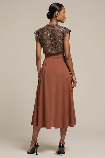 Sequin A Line Brown Cap Sleeve Midi Dress